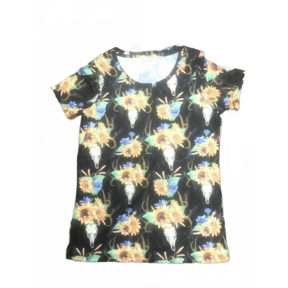 NEW BLANK women's short sleeve tee with floral bull skull print in black